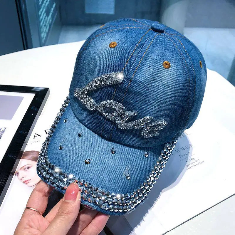Women Punk Shiny Rhinestone Denim Baseball Cap Hip Hop Star Snapback Peaked Hat Adjustable Unisex Korean Girl Dad Trucker