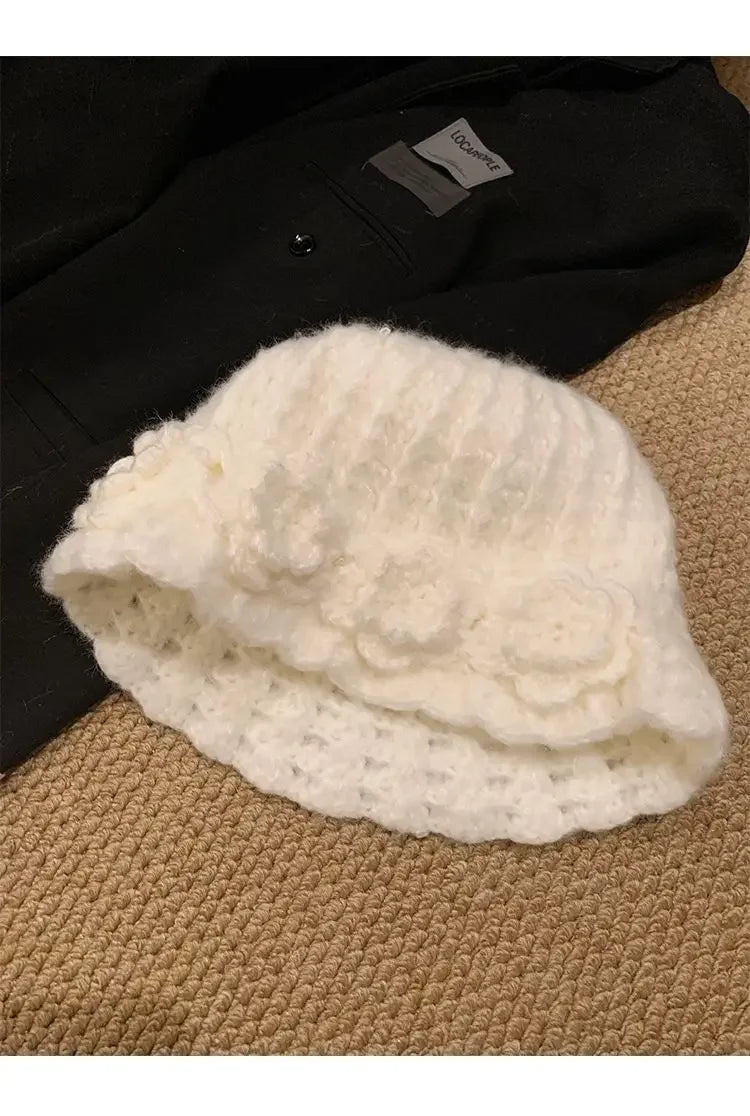 Flower Knitted Fisherman Pot Hat – Korean Cozy Chic & Giving Autumn Dream Girl Energy 🌸🎣