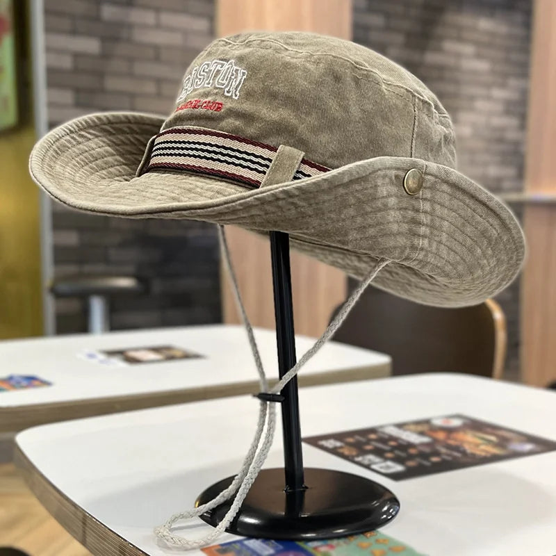 Summer Men Bucket Hat Outdoor Washed Cotton UV Protection Wide Brim Panama Safari Hunting Hiking Hat Adjustable Sunscreen Cap