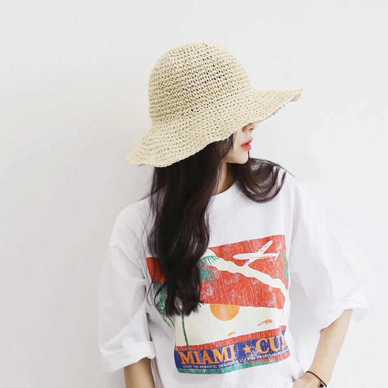 Woven Straw Dome Bucket Hat — Wide Brim Sun Hat for Women