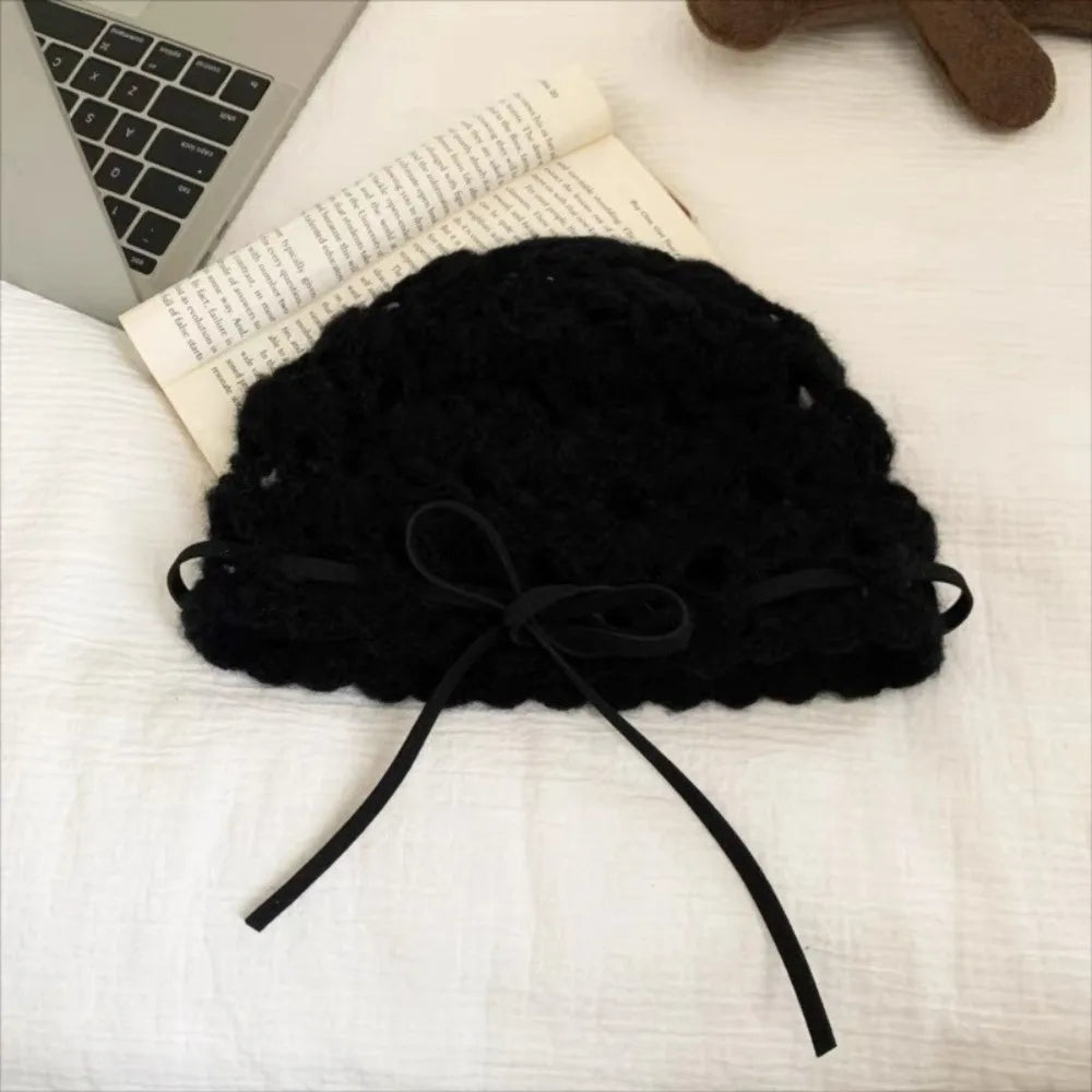Casual Bow Crochet Hollow Knitted Hat Strapped Bohemian Style Ethnic Style Hat Thin Hollow Out Weave Cap Apparel Accessories