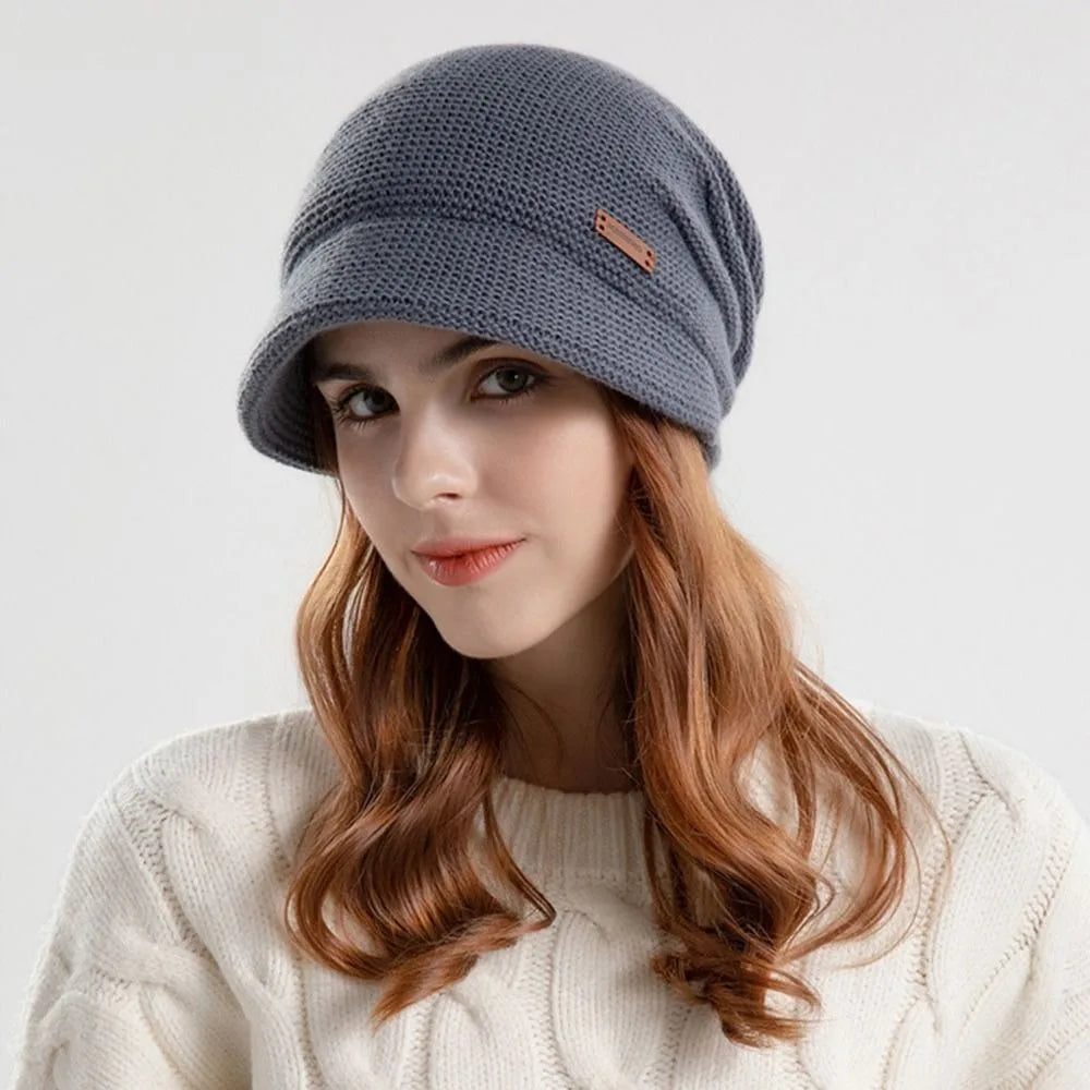 Casual Soft Knitted Hat Short Brim Thickened Beanies Fleece Lined Windproof Ear Protection Women Girl