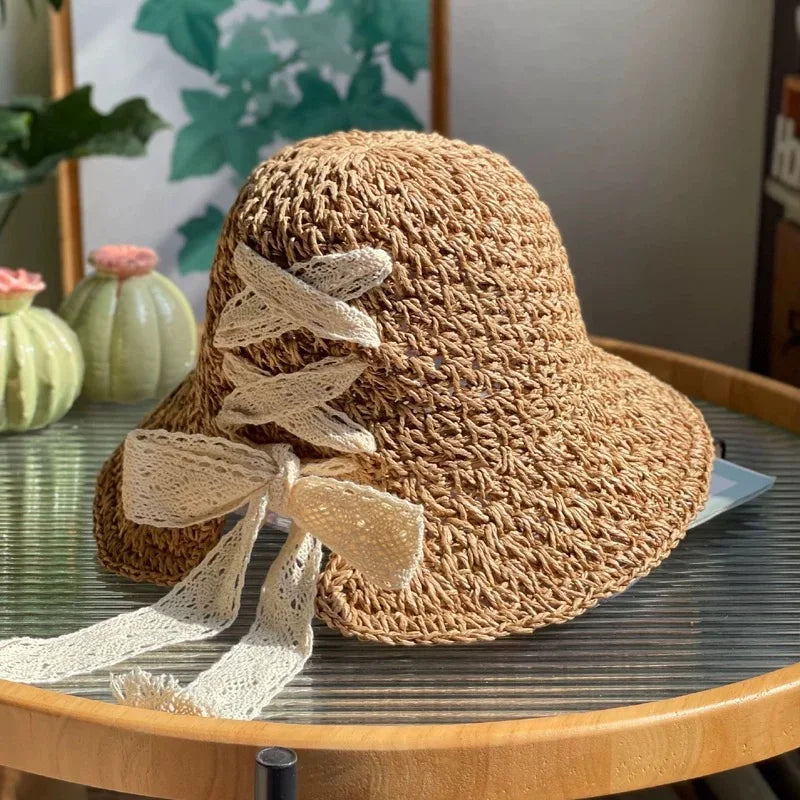 2025 New Women's Braided Straw Fisherman Hat UPF50+ Breathable Summer Beach Vacation Sun Protection Wide Brim Adjustable