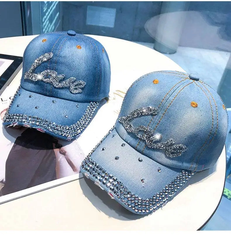 Women Punk Shiny Rhinestone Denim Baseball Cap Hip Hop Star Snapback Peaked Hat Adjustable Unisex  Korean Girl Dad Trucker