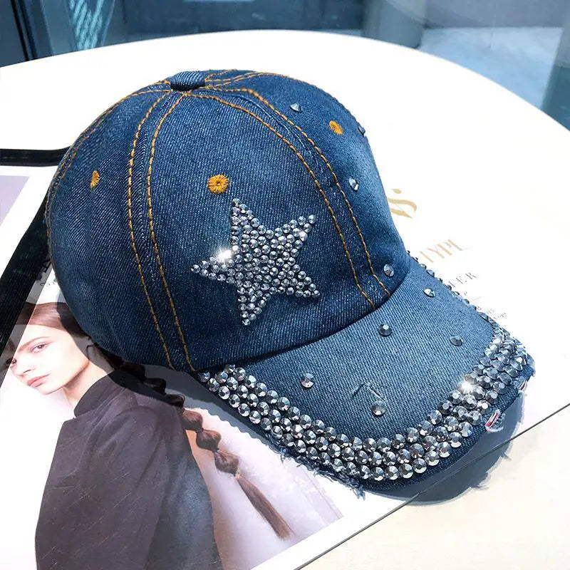 Women Punk Shiny Rhinestone Denim Baseball Cap Hip Hop Star Snapback Peaked Hat Adjustable Unisex  Korean Girl Dad Trucker