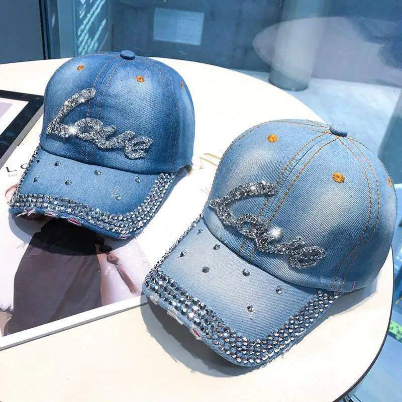 Women Punk Shiny Rhinestone Denim Baseball Cap Hip Hop Star Snapback Peaked Hat Adjustable Unisex  Korean Girl Dad Trucker