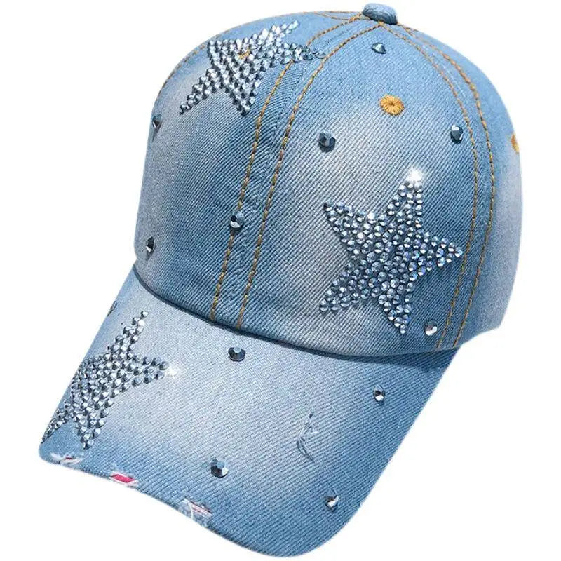 Women Punk Shiny Rhinestone Denim Baseball Cap Hip Hop Star Snapback Peaked Hat Adjustable Unisex  Korean Girl Dad Trucker