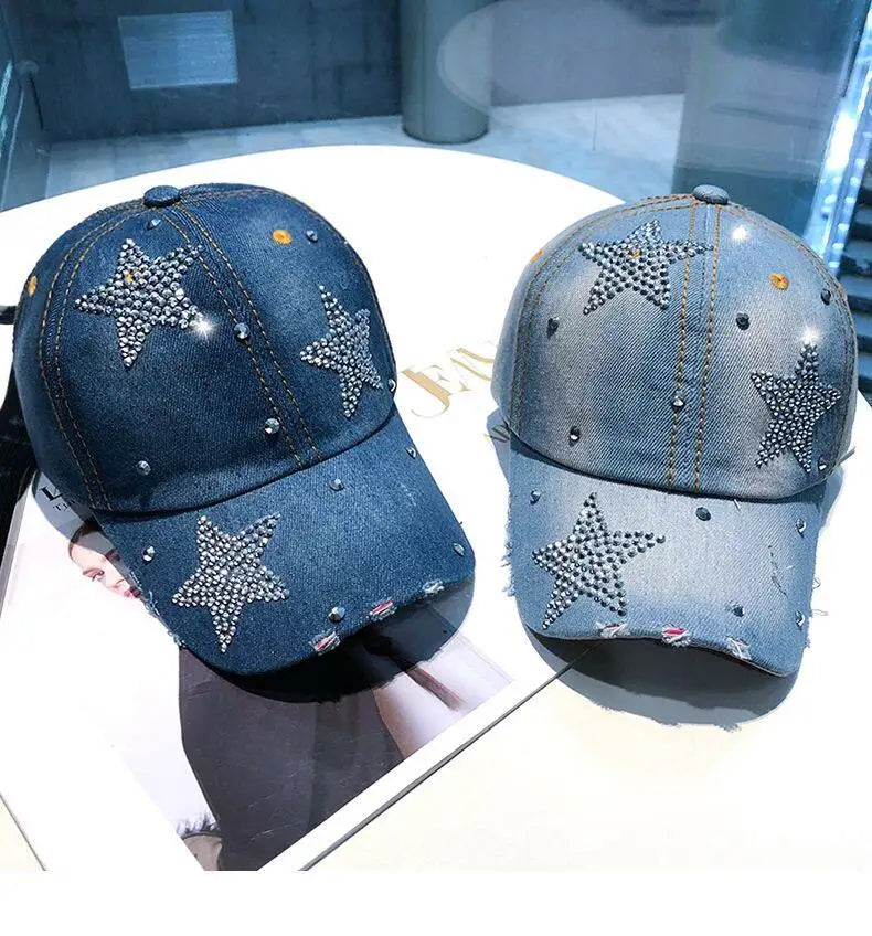 Women Punk Shiny Rhinestone Denim Baseball Cap Hip Hop Star Snapback Peaked Hat Adjustable Unisex  Korean Girl Dad Trucker