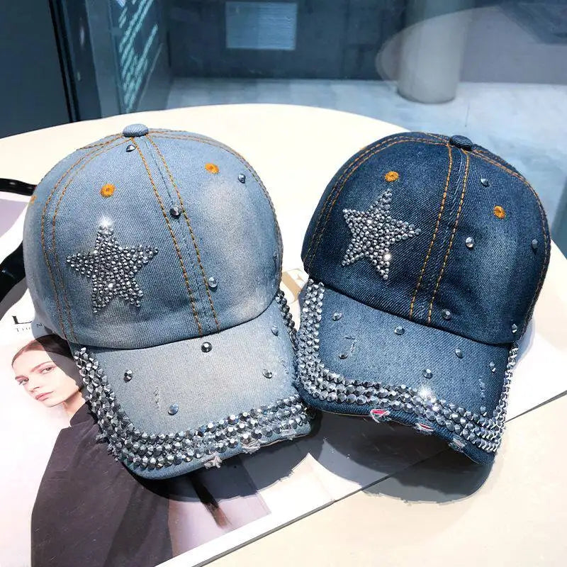 Women Punk Shiny Rhinestone Denim Baseball Cap Hip Hop Star Snapback Peaked Hat Adjustable Unisex  Korean Girl Dad Trucker