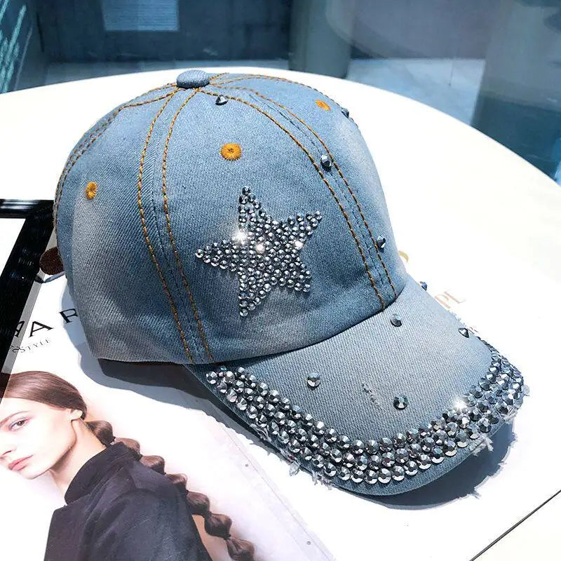 Women Punk Shiny Rhinestone Denim Baseball Cap Hip Hop Star Snapback Peaked Hat Adjustable Unisex  Korean Girl Dad Trucker
