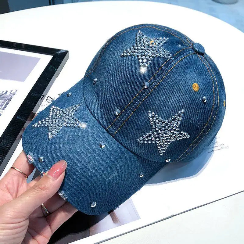Women Punk Shiny Rhinestone Denim Baseball Cap Hip Hop Star Snapback Peaked Hat Adjustable Unisex  Korean Girl Dad Trucker