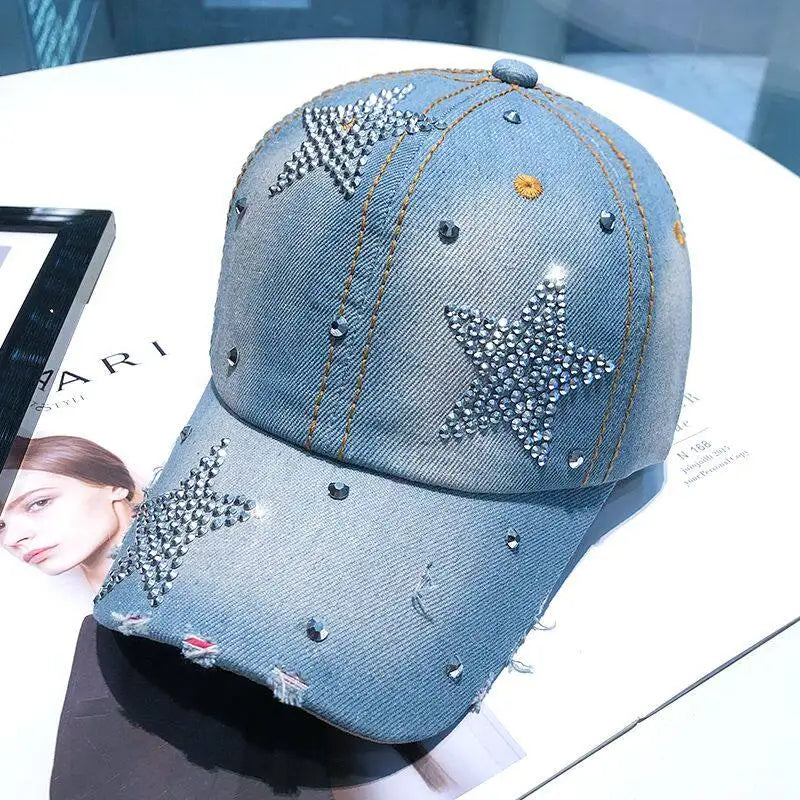 Women Punk Shiny Rhinestone Denim Baseball Cap Hip Hop Star Snapback Peaked Hat Adjustable Unisex  Korean Girl Dad Trucker