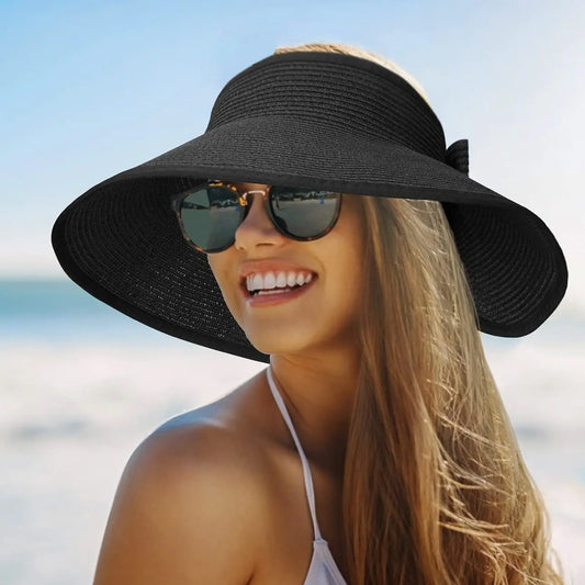 Foldable Wide Brim Straw Visor Hat — UV Protection Beach Sun Hat for Women