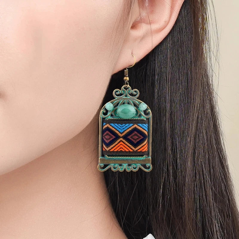 Handmade Embroidery Ethnic Drop Earrings – Boho Fabric Dangle Earrings for Women