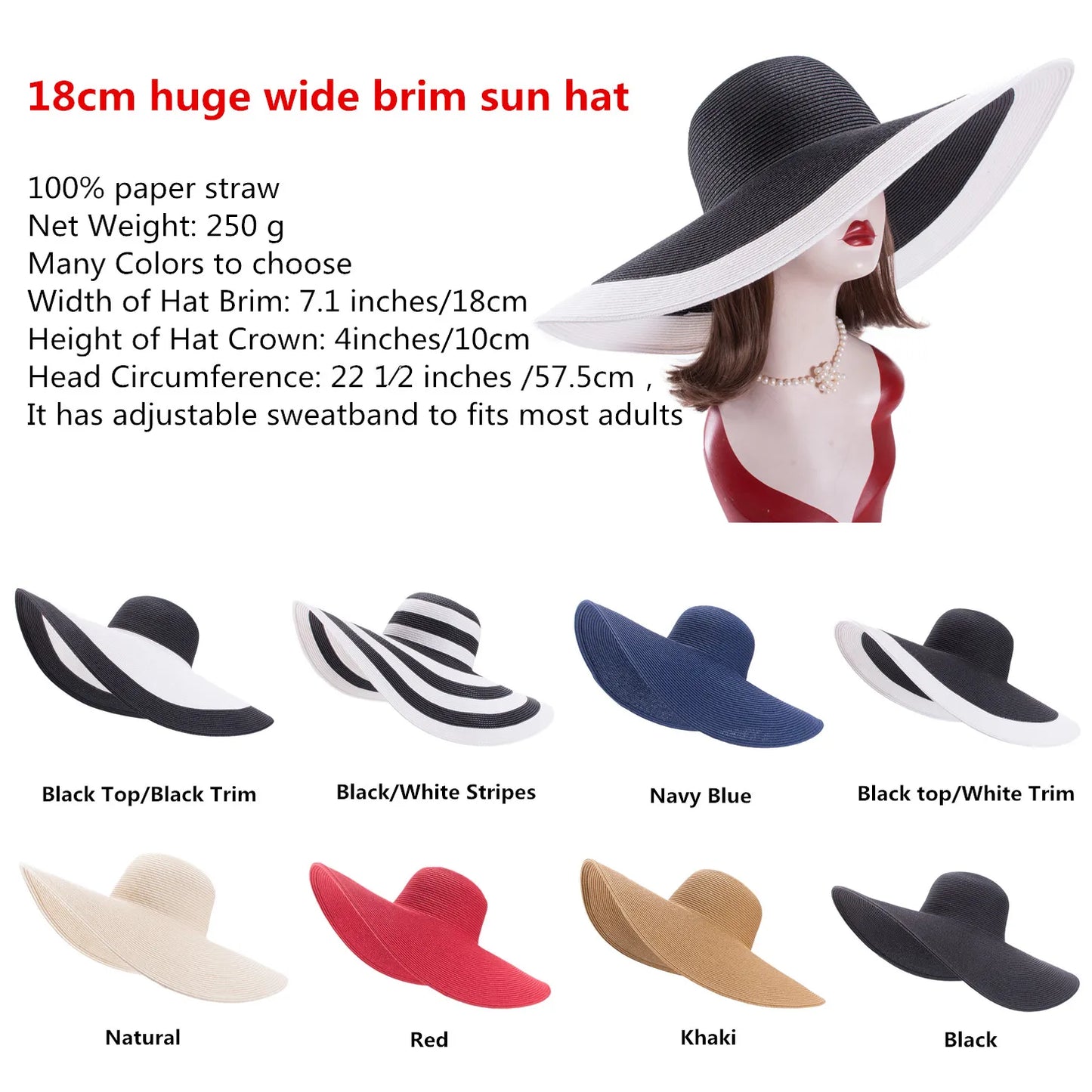 Lawliet 7.1''/18cm Foldable Oversized Huge Wide Brim Sun Beach Straw Hats Wedding Womens Floppy Party Dressy A330
