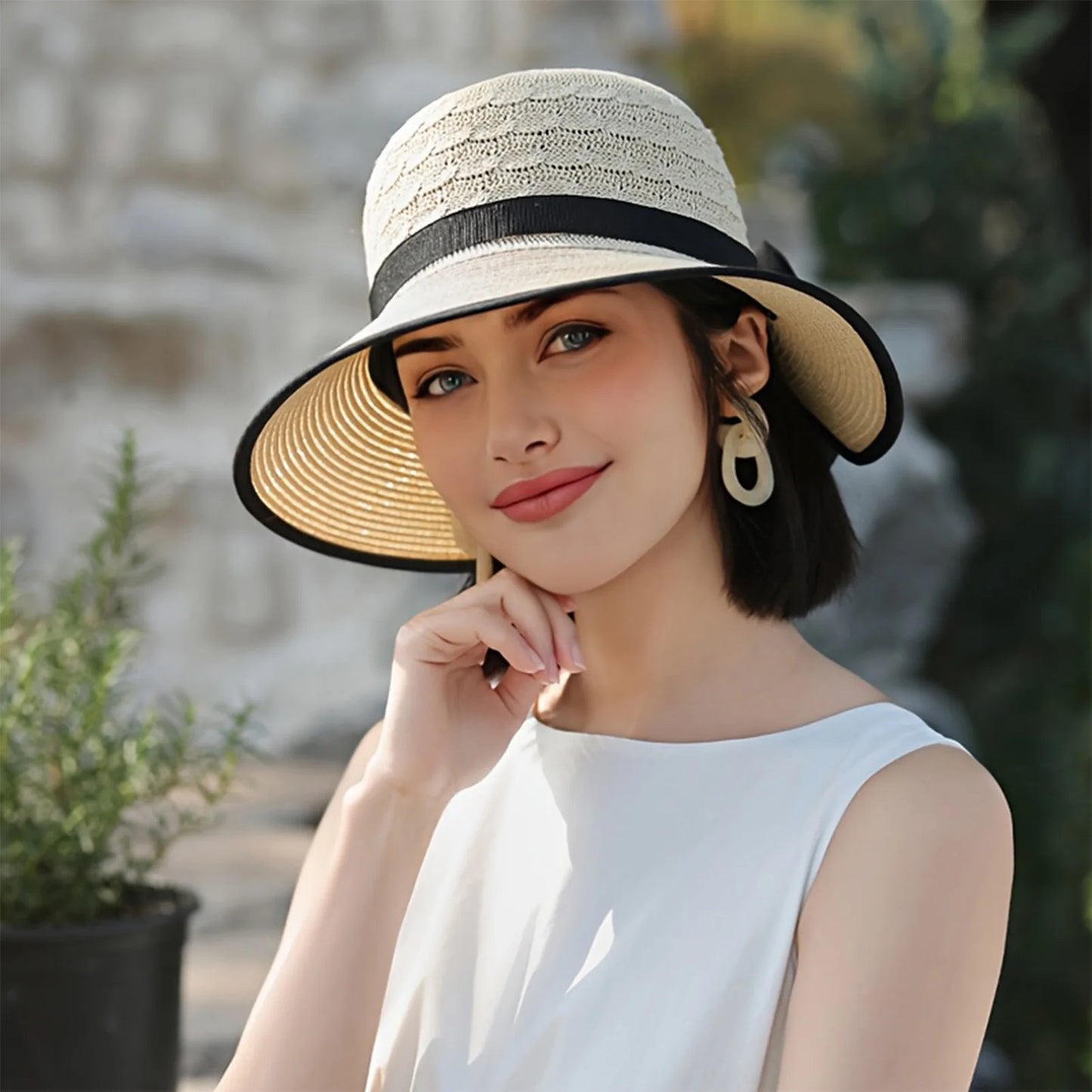 Summer Beach Straw Sun Hat Breathable French Style Bowknot Straw Hats Elegant Hat for Outdoor Travel Photography