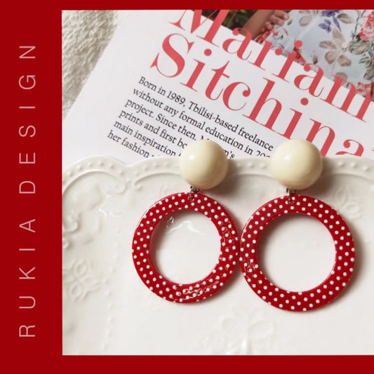 New Retro Red and White Polka Dot Fashionable Earrings Round Dot Red Modern Harbor Style Earrings for Women Jewelry