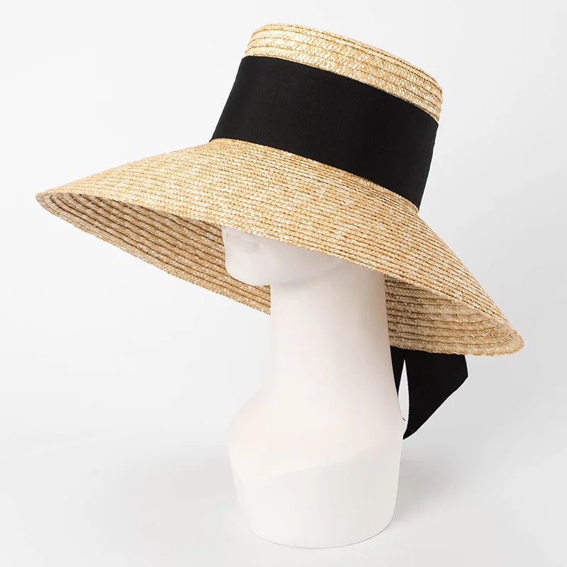 Summer straw hat black edging French elegant ladies seaside travel sun hat Hepburn style wide brim straw hat  кепка женская