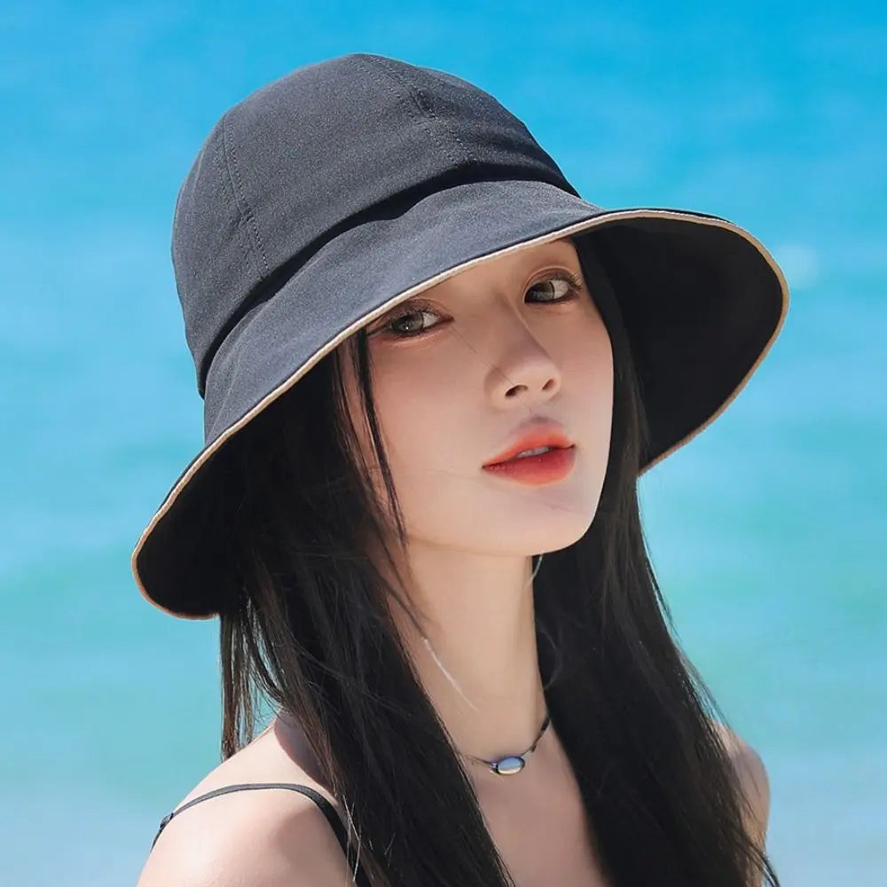 Casual Wide Brim Sun Hat UV Protection Breathable Women Bucket Hat Foldable with Bow Ponytail Hole Summer Beach Hat
