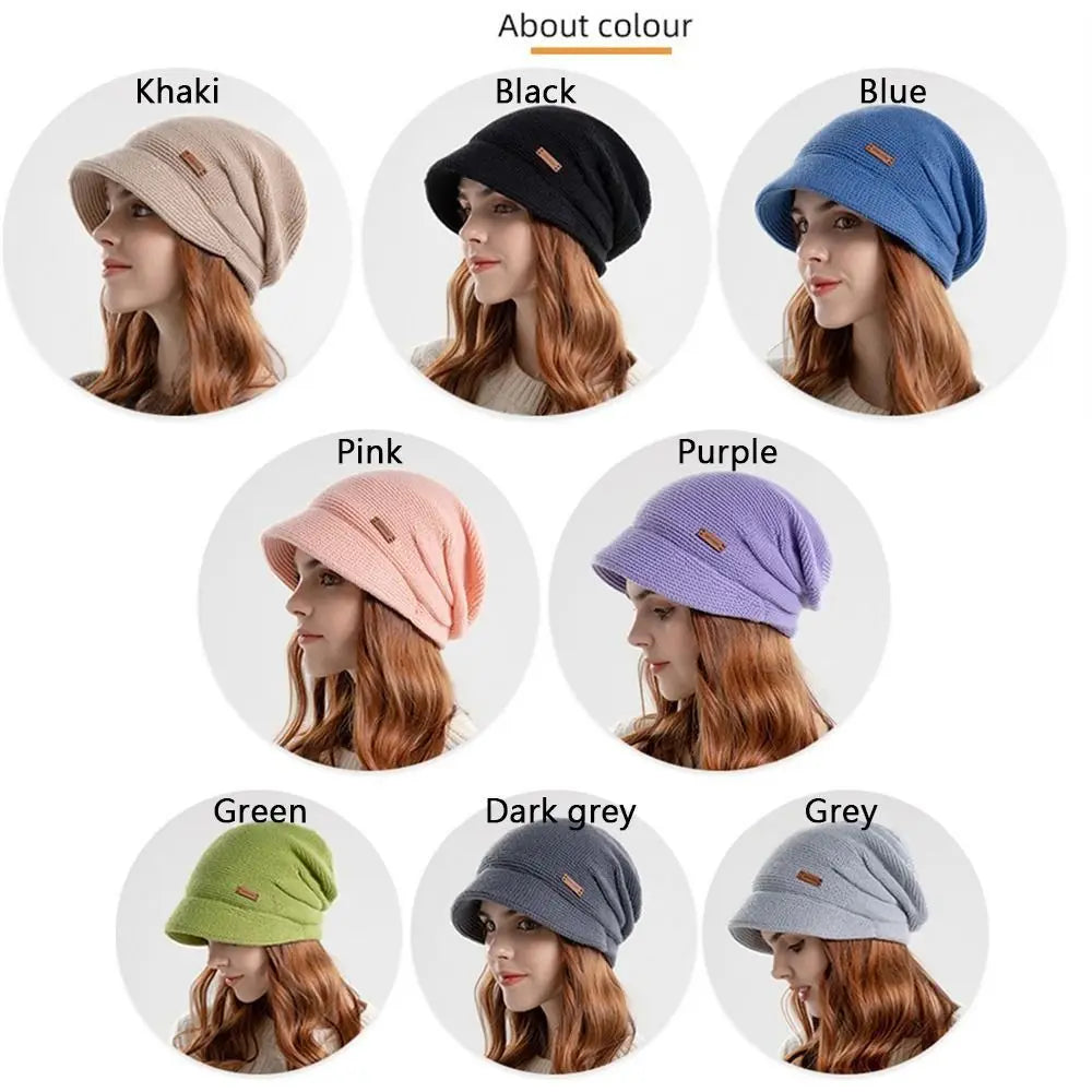 Casual Soft Knitted Hat Short Brim Thickened Beanies Fleece Lined Windproof Ear Protection Women Girl