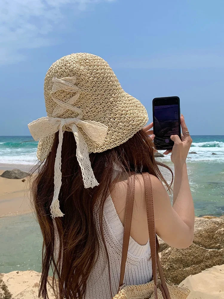 2025 New Women's Braided Straw Fisherman Hat UPF50+ Breathable Summer Beach Vacation Sun Protection Wide Brim Adjustable