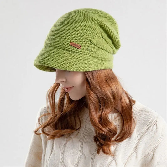 Casual Soft Knitted Hat Short Brim Thickened Beanies Fleece Lined Windproof Ear Protection Women Girl