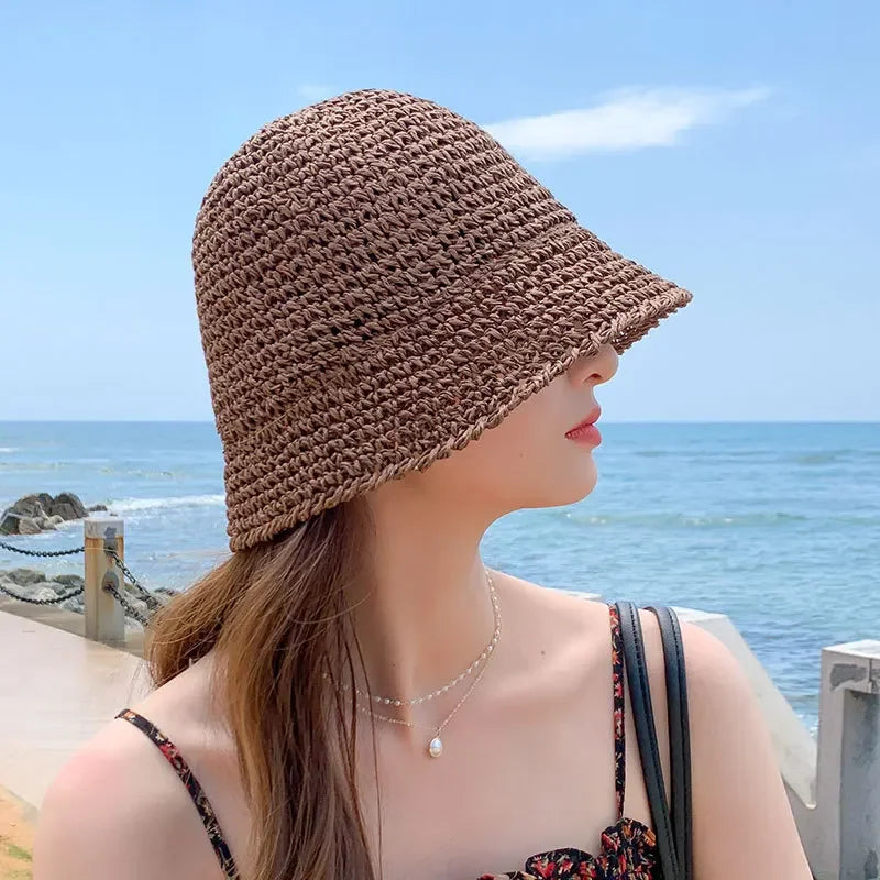Woven Straw Dome Bucket Hat — Wide Brim Sun Hat for Women