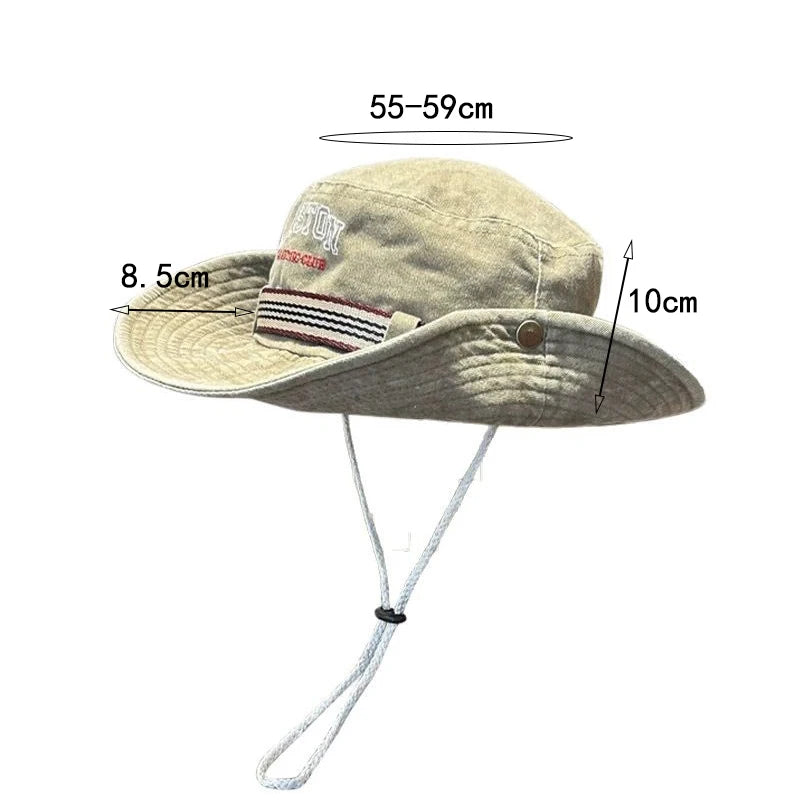 Summer Men Bucket Hat Outdoor Washed Cotton UV Protection Wide Brim Panama Safari Hunting Hiking Hat Adjustable Sunscreen Cap