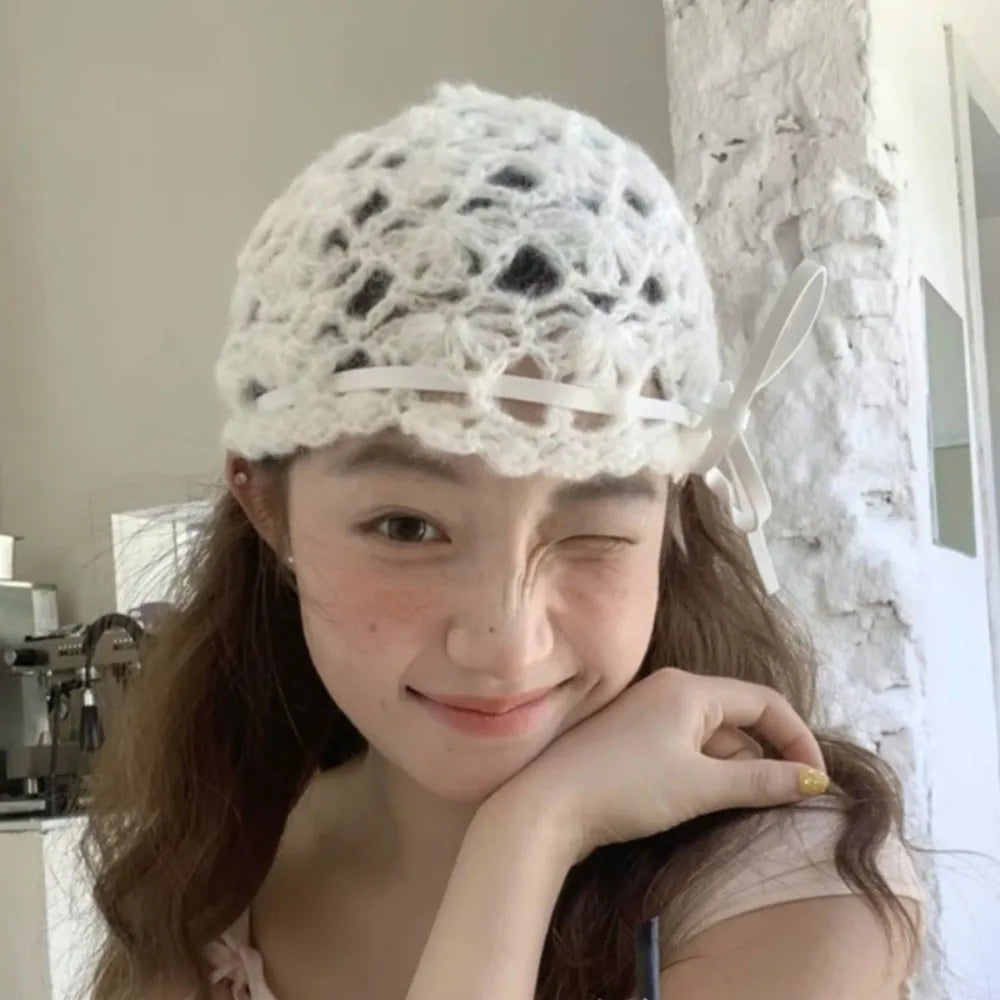 Casual Bow Crochet Hollow Knitted Hat Strapped Bohemian Style Ethnic Style Hat Thin Hollow Out Weave Cap Apparel Accessories