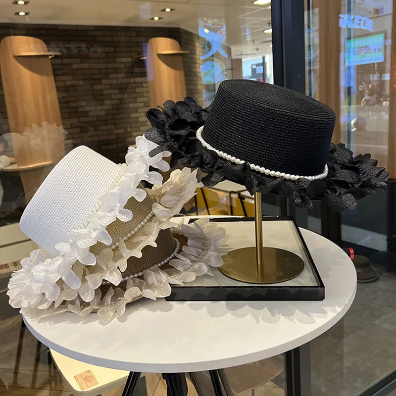 Pearl-Trimmed Straw Hat