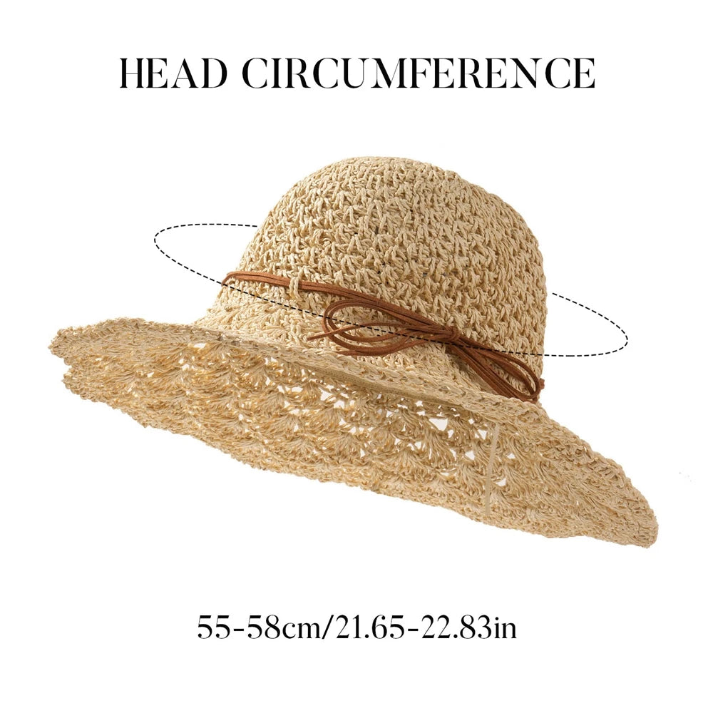 Women's Crochet Straw Hat with Bowknot, Wide Brim Summer Sun Hat for Beach, Travel & Outdoor Activities, Breathable Floppy Straw