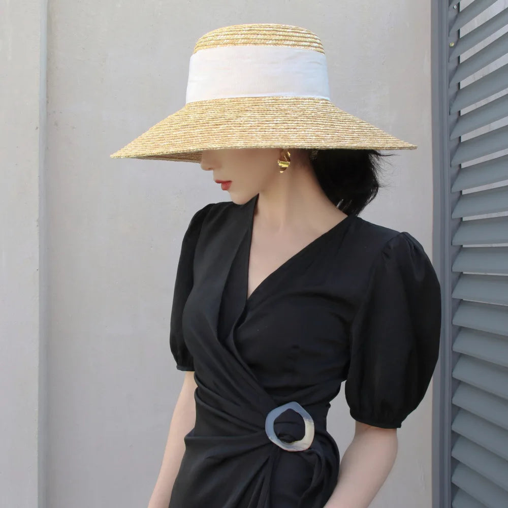 Summer straw hat black edging French elegant ladies seaside travel sun hat Hepburn style wide brim straw hat  кепка женская