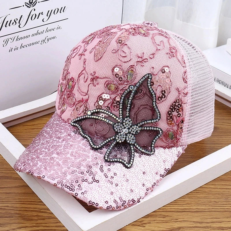 Women's Black Rhinestone Butterfly Decorated Ball Cap Adjustable Breathable Mesh Spring Summer Autumn Style Hat