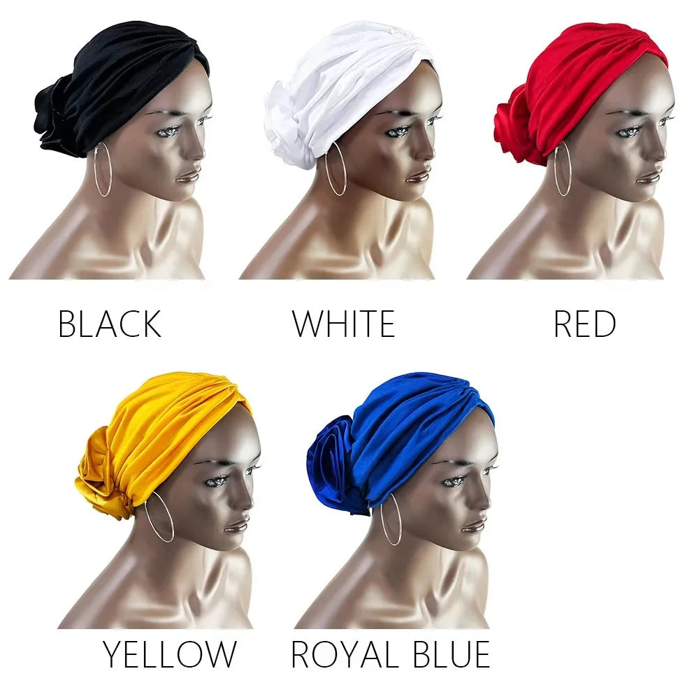 New Fashion Satin Flowers Turban Hijab Hats African Head Wraps Elastic Muslim Hats Breathable Chemo Cap For Women Girls