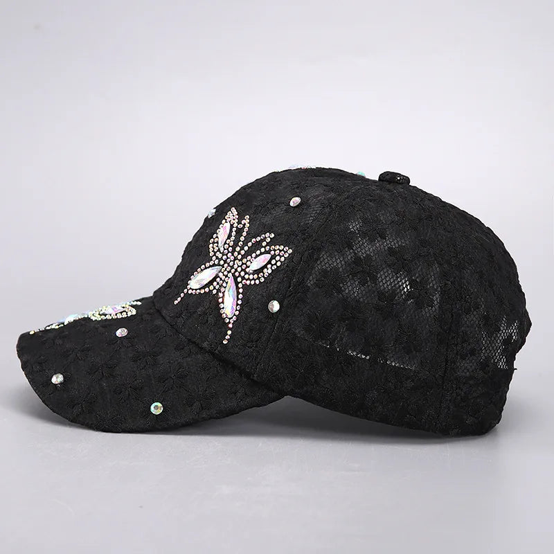 Summer Lace Flowers Baseball Caps for Women Butterfly Rhinestone Breathable Mesh Snapback Hat Hip Hop Hat Fashion Sun Hat Gorras