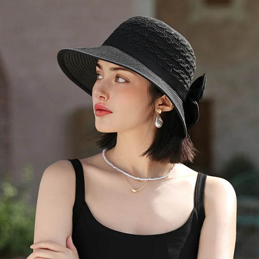 Summer Beach Straw Sun Hat Breathable French Style Bowknot Straw Hats Elegant Hat for Outdoor Travel Photography
