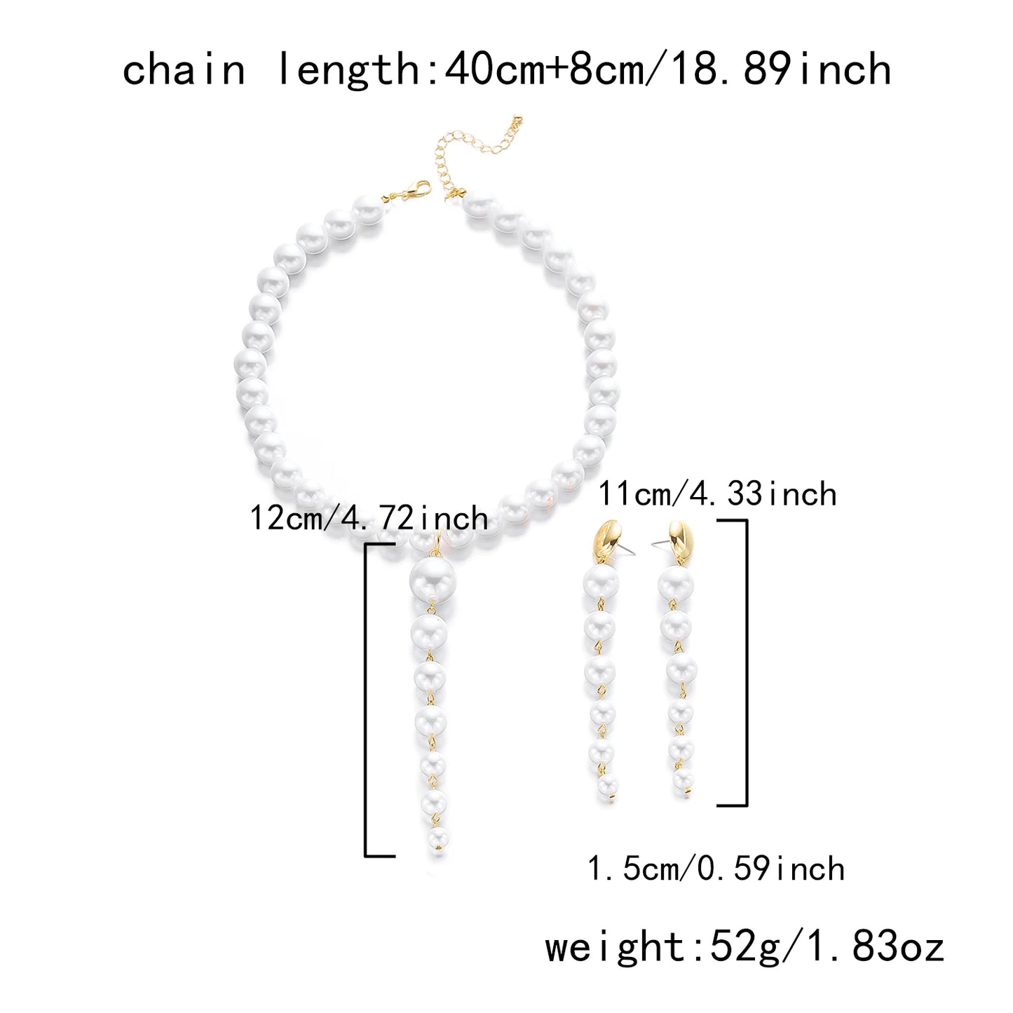 Retro Luxury Imitation Pearl Y shape Necklace Earring Set for Women Elegant Round Bead Pendant Tassel Suit Wedding Party Gift