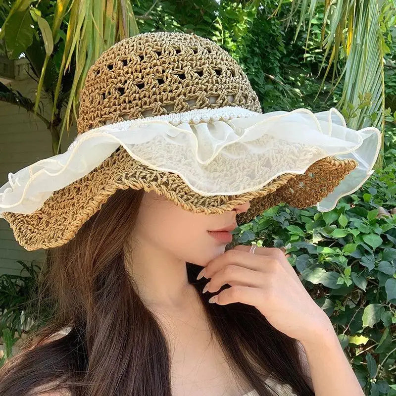 Summer Straw Hat Foldable Sun Hat Wide Large Brim Beach Hats Fashion Holiday Straw Hat Beach UV Protection Cap