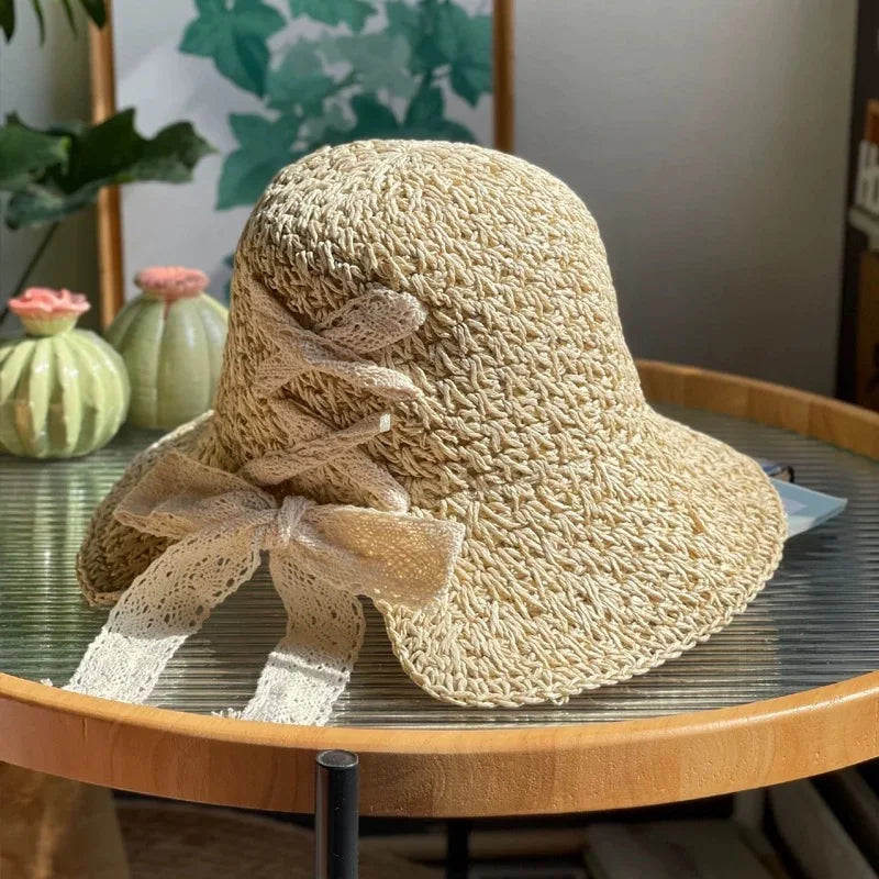 2025 New Women's Braided Straw Fisherman Hat UPF50+ Breathable Summer Beach Vacation Sun Protection Wide Brim Adjustable