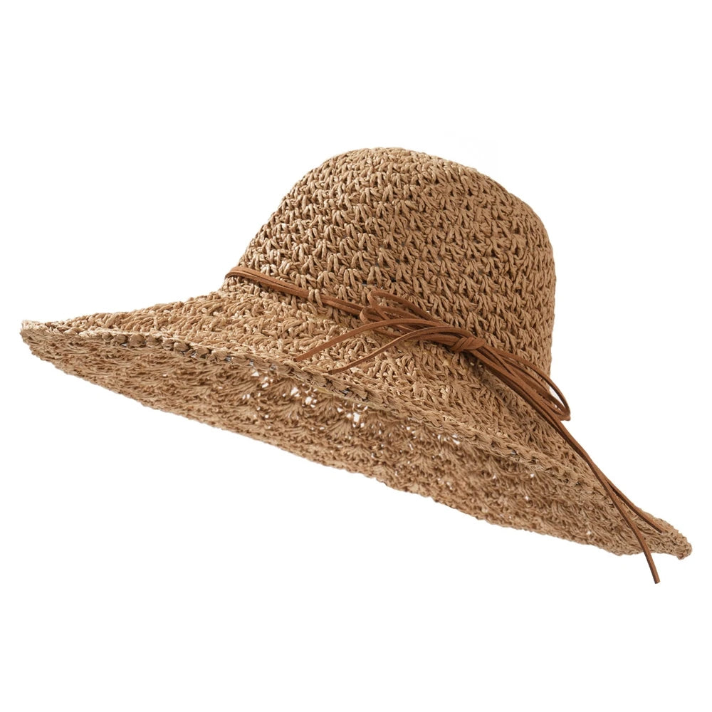 Women's Crochet Straw Hat with Bowknot, Wide Brim Summer Sun Hat for Beach, Travel & Outdoor Activities, Breathable Floppy Straw
