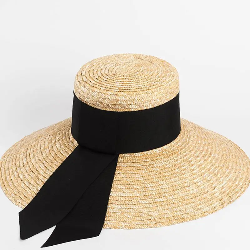 Summer straw hat black edging French elegant ladies seaside travel sun hat Hepburn style wide brim straw hat  кепка женская