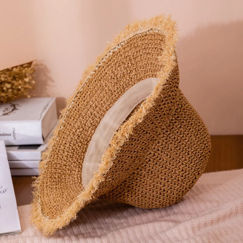 Crochet Straw Hat for Women Summer Handmade Hollow Out Panama Raffia Paper Tassel Edge Beach Hats UV Protect Foldable Sun Visor