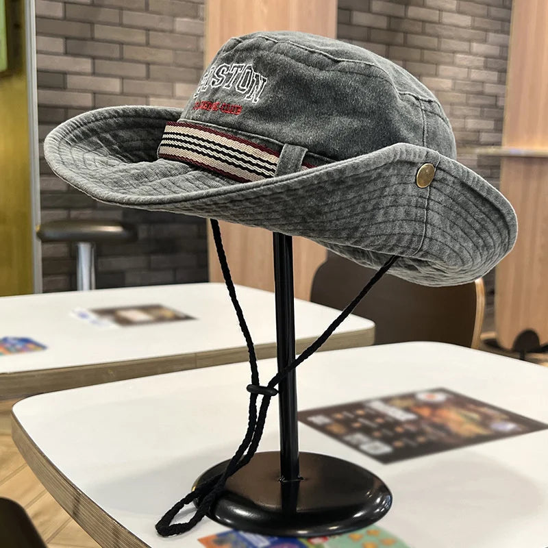 Summer Men Bucket Hat Outdoor Washed Cotton UV Protection Wide Brim Panama Safari Hunting Hiking Hat Adjustable Sunscreen Cap