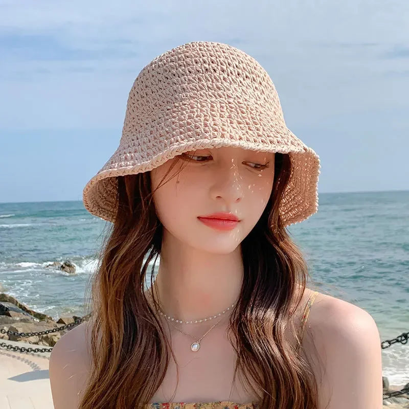 Woven Straw Dome Bucket Hat — Wide Brim Sun Hat for Women