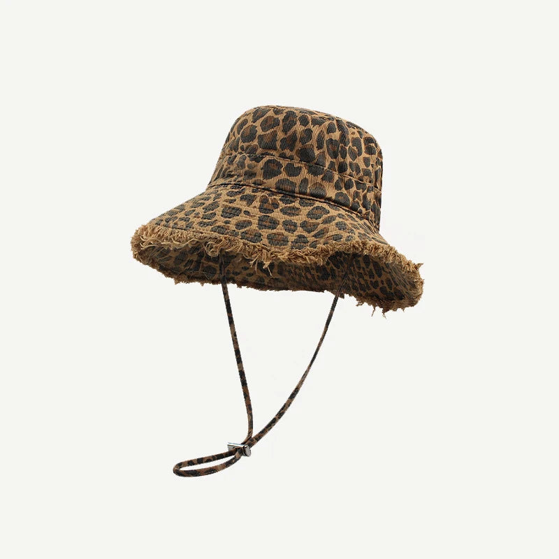 Leopard print fisherman hat with large eaves for spring and summer, suitable for men and women, providing sun protection