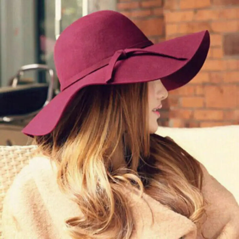Women Sun Hat Vintage Lady Wide Large Wool Felt Cap Casual Summer Beach Travel Floppy Sun Hat Gift