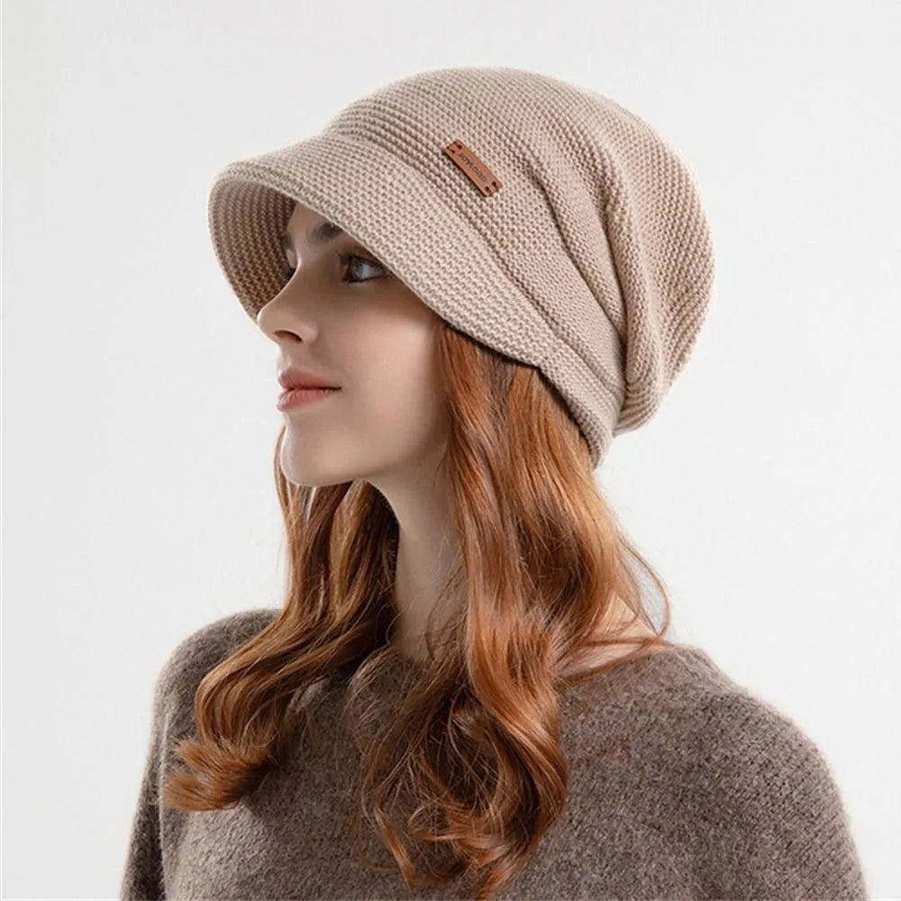 Casual Soft Knitted Hat Short Brim Thickened Beanies Fleece Lined Windproof Ear Protection Women Girl