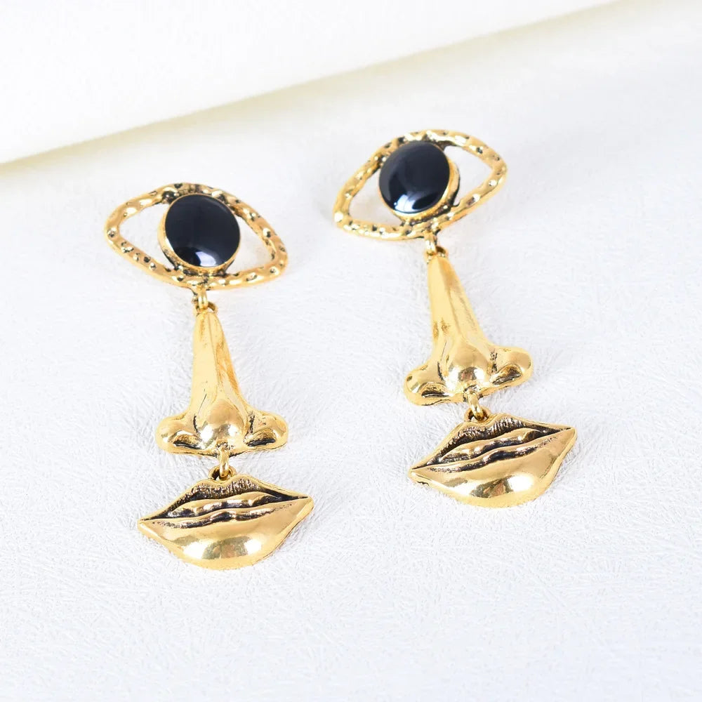 1Pair Exquisite Long Retro Lips & Nose & Eye Design Earrings, Cool Abstract Earrings Jewelry , Creative Gift