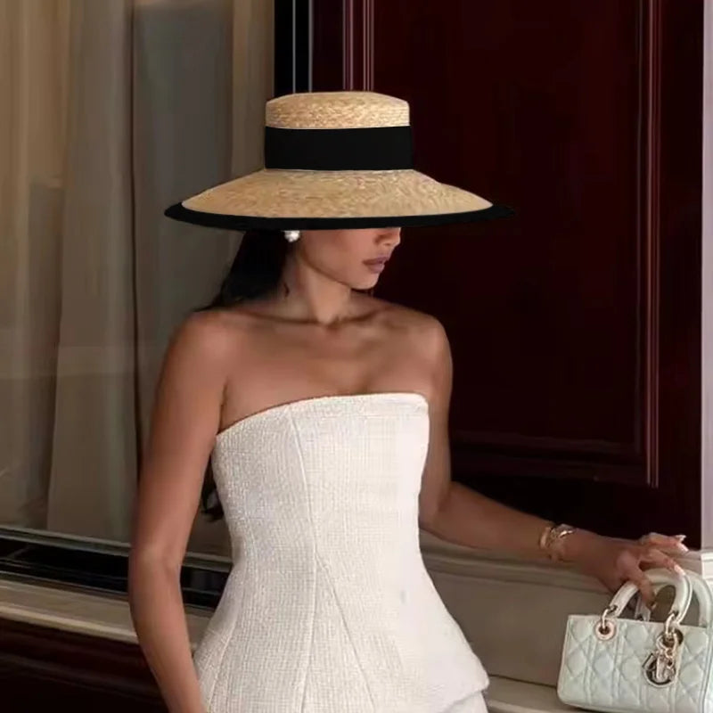 Summer straw hat black edging French elegant ladies seaside travel sun hat Hepburn style wide brim straw hat  кепка женская