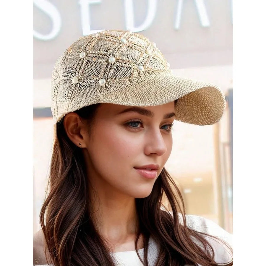 Adjustable Stylish Four-leaf Clover Pearl Embellished Women's Breathable Mesh Baseball Cap/sun Protection Hat for Spring Summer.